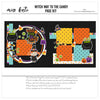Witch Way To The Candy 12x12 scrapbook page kit cover featuring yellow polka dots, aqua polka dots, multicolor striped paper, candy corn pattern, concentric circle frames, and black cauldrons. A coordinated premade layout for Halloween candy memories and favorite photos.