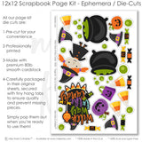 Witch Way To The Candy scrapbook die cuts and ephemera sheet featuring multicolor striped paper, candy corn pattern, concentric circle frames, black cauldrons, green bubbling potion, and cartoon witch girl. Coordinating paper embellishments for Halloween candy memories and favorite photos.