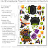 Witch Way To The Candy scrapbook die cuts and ephemera sheet featuring multicolor striped paper, candy corn pattern, concentric circle frames, black cauldrons, green bubbling potion, and cartoon witch girl. Coordinating paper embellishments for Halloween candy memories and favorite photos.