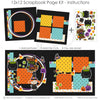 Witch Way To The Candy 12x12 scrapbook page kit instruction image showing the completed two-page layout and placement of coordinating papers, die cuts, and photo areas. Designed for Halloween candy memories and favorite photos.
