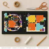 Witch Way To The Candy scrapbook page kit shown in a memory album binder mockup with the finished two-page layout. A coordinated way to preserve Halloween candy memories and favorite photos.