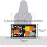 Witch Way To The Candy 12x12 scrapbook page kit size reference image showing the scale of the coordinated two-page layout, printed papers, and embellishments for Halloween candy memories and favorite photos.