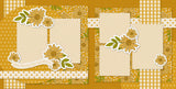 Two-page You Bring The Sunshine scrapbook layout featuring golden yellow sunflowers, green leafy stems, mustard yellow palette, yellow gingham pattern, white polka dots, mustard polka dots, white cross pattern, sunflower floral pattern. Designed for Sunshine Memories, Sunflower Scrapbook Page Kit, large sunflower clusters, small sunflower blossoms, curved sentiment banner, you bring the sunshine phrase, layered floral embellishments, white photo mats, two page floral layout.