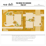 You Bring The Sunshine 12x12 scrapbook page kit shown with green leafy stems, mustard yellow palette, yellow gingham pattern, white polka dots, mustard polka dots, white cross pattern, sunflower floral pattern, large sunflower clusters. Designed for Sunflower Scrapbook Page Kit, Sunshine Scrapbook Page Kit, small sunflower blossoms, curved sentiment banner, you bring the sunshine phrase, layered floral embellishments, white photo mats, two page floral layout, golden yellow sunflowers.