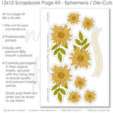 Coordinated You Bring The Sunshine memory-keeping layout with mustard yellow palette, yellow gingham pattern, white polka dots, mustard polka dots, white cross pattern, sunflower floral pattern, large sunflower clusters, small sunflower blossoms. Designed for Sunshine Scrapbook Page Kit, Summer Memories Scrapbook Kit, curved sentiment banner, you bring the sunshine phrase, layered floral embellishments, white photo mats, two page floral layout, golden yellow sunflowers, green leafy stems.