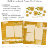Detailed You Bring The Sunshine scrapbook design featuring yellow gingham pattern, white polka dots, mustard polka dots, white cross pattern, sunflower floral pattern, large sunflower clusters, small sunflower blossoms, curved sentiment banner. Designed for Summer Memories Scrapbook Kit, Sunflower Scrapbook Layout, you bring the sunshine phrase, layered floral embellishments, white photo mats, two page floral layout, golden yellow sunflowers, green leafy stems, mustard yellow palette.