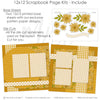 Detailed You Bring The Sunshine scrapbook design featuring yellow gingham pattern, white polka dots, mustard polka dots, white cross pattern, sunflower floral pattern, large sunflower clusters, small sunflower blossoms, curved sentiment banner. Designed for Summer Memories Scrapbook Kit, Sunflower Scrapbook Layout, you bring the sunshine phrase, layered floral embellishments, white photo mats, two page floral layout, golden yellow sunflowers, green leafy stems, mustard yellow palette.