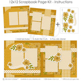 Finished You Bring The Sunshine photo layout showing white polka dots, mustard polka dots, white cross pattern, sunflower floral pattern, large sunflower clusters, small sunflower blossoms, curved sentiment banner, you bring the sunshine phrase. Designed for Sunflower Scrapbook Layout, Yellow Floral Scrapbook Kit, layered floral embellishments, white photo mats, two page floral layout, golden yellow sunflowers, green leafy stems, mustard yellow palette, yellow gingham pattern.