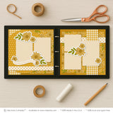 You Bring The Sunshine scrapbook page kit artwork with mustard polka dots, white cross pattern, sunflower floral pattern, large sunflower clusters, small sunflower blossoms, curved sentiment banner, you bring the sunshine phrase, layered floral embellishments. Designed for Yellow Floral Scrapbook Kit, Happy Memories Scrapbook Pages, white photo mats, two page floral layout, golden yellow sunflowers, green leafy stems, mustard yellow palette, yellow gingham pattern, white polka dots.