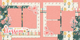 Two-page You Make Me Blossom 12x12 scrapbook layout featuring soft coral pink background, dark teal floral pattern, cream floral pattern, mustard flower pattern, coral flower pattern, and pastel plaid strip. Designed for relationship memories and favorite photos.