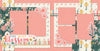 Two-page You Make Me Blossom 12x12 scrapbook layout featuring soft coral pink background, dark teal floral pattern, cream floral pattern, mustard flower pattern, coral flower pattern, and pastel plaid strip. Designed for relationship memories and favorite photos.