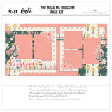 You Make Me Blossom 12x12 scrapbook page kit cover featuring cream floral pattern, mustard flower pattern, coral flower pattern, pastel plaid strip, small pink bud pattern, and coral photo mats. A coordinated premade layout for relationship memories and favorite photos.