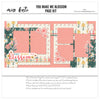 You Make Me Blossom 12x12 scrapbook page kit cover featuring cream floral pattern, mustard flower pattern, coral flower pattern, pastel plaid strip, small pink bud pattern, and coral photo mats. A coordinated premade layout for relationship memories and favorite photos.