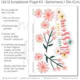 You Make Me Blossom scrapbook die cuts and ephemera sheet featuring coral flower pattern, pastel plaid strip, small pink bud pattern, coral photo mats, pink daisy die cuts, and cream daisy die cuts. Coordinating paper embellishments for relationship memories and favorite photos.