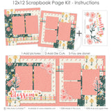 You Make Me Blossom 12x12 scrapbook page kit instruction image showing the completed two-page layout and placement of coordinating papers, die cuts, and photo areas. Designed for relationship memories and favorite photos.