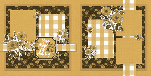 You Make Me Happy scrapbook page kit — memory scrapbook, floral scrapbook, rustic scrapbook, handmade elements for DIY photo albums, scrapbooking ephemera and cardstock cutouts, bee page kit, creative accents for scrapbook storytelling, precut designs for memory journaling, autumn scrapbook, seasonal scrapbook page kits and die cuts, bee scrapbook, yellow scrapbook, country scrapbook, pastel paper embellishments and photo mats, coordinated background patterns and journaling spots
