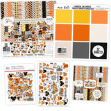 A Magical Halloween Bundle, main product image, showing complete coordinated paper craft set with 12x12 papers, 6x6 papers, cardstock, die cuts, and stickers for layouts, cards, albums, journals, and keepsakes. Buyer theme: Complete Halloween Scrapbook Bundle & Craft Set. A Magical Halloween complete scrapbook bundle with 12x12 paper, 6x6 paper, coordinating cardstock, stickers and die cuts