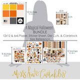 A Magical Halloween Bundle, size guide image, showing complete coordinated paper craft set with 12x12 papers, 6x6 papers, cardstock, die cuts, and stickers for layouts, cards, albums, journals, and keepsakes. Buyer theme: Complete Halloween Scrapbook Bundle & Craft Set. A Magical Halloween complete scrapbook bundle with 12x12 paper, 6x6 paper, coordinating cardstock, stickers and die cuts