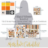 A Magical Halloween Bundle, size guide image, showing complete coordinated paper craft set with 12x12 papers, 6x6 papers, cardstock, die cuts, and stickers for layouts, cards, albums, journals, and keepsakes. Buyer theme: Complete Halloween Scrapbook Bundle & Craft Set. A Magical Halloween complete scrapbook bundle with 12x12 paper, 6x6 paper, coordinating cardstock, stickers and die cuts