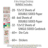 A Very Vintage Christmas Bundle, includes image, showing complete coordinated paper craft set with 12x12 papers, 6x6 papers, cardstock, die cuts, and stickers for layouts, cards, albums, journals, and keepsakes. Buyer theme: Complete Vintage Christmas Scrapbook Bundle & Craft Set. A Very Vintage Christmas complete scrapbook bundle with 12x12 paper, 6x6 paper, coordinating cardstock, stickers and die cuts