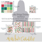 A Very Vintage Christmas Bundle, size guide image, showing complete coordinated paper craft set with 12x12 papers, 6x6 papers, cardstock, die cuts, and stickers for layouts, cards, albums, journals, and keepsakes. Buyer theme: Complete Vintage Christmas Scrapbook Bundle & Craft Set. A Very Vintage Christmas complete scrapbook bundle with 12x12 paper, 6x6 paper, coordinating cardstock, stickers and die cuts