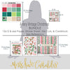 A Very Vintage Christmas Bundle, size guide image, showing complete coordinated paper craft set with 12x12 papers, 6x6 papers, cardstock, die cuts, and stickers for layouts, cards, albums, journals, and keepsakes. Buyer theme: Complete Vintage Christmas Scrapbook Bundle & Craft Set. A Very Vintage Christmas complete scrapbook bundle with 12x12 paper, 6x6 paper, coordinating cardstock, stickers and die cuts