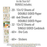 Are We There Yet? Bundle, includes image, showing complete coordinated paper craft set with 12x12 papers, 6x6 papers, cardstock, die cuts, and stickers for layouts, cards, albums, journals, and keepsakes. Buyer theme: Complete Road Trip & Vacation Scrapbook Craft Bundle. Complete travel paper crafting bundle with 12x12 papers, 6x6 papers, coordinating cardstock, die cuts, and stickers. Visible artwork includes travel cameras, globes and maps, Route 66 road signs, mountains and pine trees