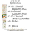 Are We There Yet? Bundle, includes image, showing complete coordinated paper craft set with 12x12 papers, 6x6 papers, cardstock, die cuts, and stickers for layouts, cards, albums, journals, and keepsakes. Buyer theme: Complete Road Trip & Vacation Scrapbook Craft Bundle. Complete travel paper crafting bundle with 12x12 papers, 6x6 papers, coordinating cardstock, die cuts, and stickers. Visible artwork includes travel cameras, globes and maps, Route 66 road signs, mountains and pine trees