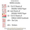 Be My Valentine Bundle, includes image, showing complete coordinated paper craft set with 12x12 papers, 6x6 papers, cardstock, die cuts, and stickers for layouts, cards, albums, journals, and keepsakes. Buyer theme: Complete Valentine Scrapbook Bundle for Memories. Be My Valentine complete scrapbook bundle with 12x12 paper, 6x6 designs, cardstock, die cuts and stickers in a romantic red, pink, aqua and teal palette. Designed for Love story pages, Friendship memory keeping, Card making