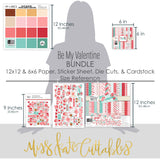 Be My Valentine Bundle, size guide image, showing complete coordinated paper craft set with 12x12 papers, 6x6 papers, cardstock, die cuts, and stickers for layouts, cards, albums, journals, and keepsakes. Buyer theme: Complete Valentine Scrapbook Bundle for Memories. Be My Valentine complete scrapbook bundle with 12x12 paper, 6x6 designs, cardstock, die cuts and stickers in a romantic red, pink, aqua and teal palette. Designed for Friendship memory keeping, Card making, Mini albums