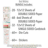 Best Wishes Bundle, includes image, showing complete coordinated paper craft set with 12x12 papers, 6x6 papers, cardstock, die cuts, and stickers for layouts, cards, albums, journals, and keepsakes. Buyer theme: Complete Floral Friendship Scrapbook Craft Bundle. complete coordinated scrapbook paper craft bundle. Visible artwork includes wildflowers, leafy sprigs, floral banners, sentiment labels. Coordinating patterns include polka dots, floral toss, botanical print