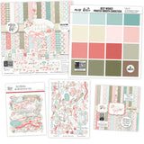 Best Wishes Bundle, main product image, showing complete coordinated paper craft set with 12x12 papers, 6x6 papers, cardstock, die cuts, and stickers for layouts, cards, albums, journals, and keepsakes. Buyer theme: Complete Floral Friendship Scrapbook Craft Bundle. complete coordinated scrapbook paper craft bundle. Visible artwork includes watercolor roses, ribbon bows, wildflowers, leafy sprigs. Coordinating patterns include gingham, plaid, polka dots