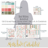 Best Wishes Bundle, size guide image, showing complete coordinated paper craft set with 12x12 papers, 6x6 papers, cardstock, die cuts, and stickers for layouts, cards, albums, journals, and keepsakes. Buyer theme: Complete Floral Friendship Scrapbook Craft Bundle. complete coordinated scrapbook paper craft bundle. Visible artwork includes leafy sprigs, floral banners, sentiment labels, watercolor roses. Coordinating patterns include floral toss, botanical print, diamond lattice