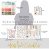 Best Wishes Bundle, size guide image, showing complete coordinated paper craft set with 12x12 papers, 6x6 papers, cardstock, die cuts, and stickers for layouts, cards, albums, journals, and keepsakes. Buyer theme: Complete Floral Friendship Scrapbook Craft Bundle. complete coordinated scrapbook paper craft bundle. Visible artwork includes leafy sprigs, floral banners, sentiment labels, watercolor roses. Coordinating patterns include floral toss, botanical print, diamond lattice