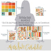 Birthday Bash Bundle, size guide image, showing complete coordinated paper craft set with 12x12 papers, 6x6 papers, cardstock, die cuts, and stickers for layouts, cards, albums, journals, and keepsakes. Buyer theme: Complete Birthday Scrapbook & Paper Craft Bundle. Birthday Bash complete scrapbook bundle with coordinating 12x12 paper, 6x6 designs, cardstock, die cuts and stickers. Visible artwork includes Birthday candles, Party hats and pinata, Pennant banners, Curly streamers and confetti