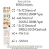 Bloom and Grow Bundle, includes image, showing complete coordinated paper craft set with 12x12 papers, 6x6 papers, cardstock, die cuts, and stickers for layouts, cards, albums, journals, and keepsakes. Buyer theme: Complete Spring Floral Paper Craft Bundle. Bloom and Grow complete scrapbook bundle with 12x12 floral paper, 6x6 paper, coordinating cardstock, stickers and die cuts. Color palette includes Coral pink, blush, peach, mustard gold, cream, sage, dusty teal, deep teal and warm taupe