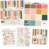 Bloom and Grow Bundle, main product image, showing complete coordinated paper craft set with 12x12 papers, 6x6 papers, cardstock, die cuts, and stickers for layouts, cards, albums, journals, and keepsakes. Buyer theme: Complete Spring Floral Paper Craft Bundle. Bloom and Grow complete scrapbook bundle with 12x12 floral paper, 6x6 paper, coordinating cardstock, stickers and die cuts. Color palette includes Coral pink, blush, peach, mustard gold, cream, sage, dusty teal, deep teal and warm taupe