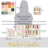 Bloom and Grow Bundle, size guide image, showing complete coordinated paper craft set with 12x12 papers, 6x6 papers, cardstock, die cuts, and stickers for layouts, cards, albums, journals, and keepsakes. Buyer theme: Complete Spring Floral Paper Craft Bundle. Bloom and Grow complete scrapbook bundle with 12x12 floral paper, 6x6 paper, coordinating cardstock, stickers and die cuts. Color palette includes Coral pink, blush, peach, mustard gold, cream, sage, dusty teal, deep teal and warm taupe