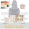 Bloom and Grow Bundle, size guide image, showing complete coordinated paper craft set with 12x12 papers, 6x6 papers, cardstock, die cuts, and stickers for layouts, cards, albums, journals, and keepsakes. Buyer theme: Complete Spring Floral Paper Craft Bundle. Bloom and Grow complete scrapbook bundle with 12x12 floral paper, 6x6 paper, coordinating cardstock, stickers and die cuts. Color palette includes Coral pink, blush, peach, mustard gold, cream, sage, dusty teal, deep teal and warm taupe