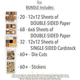 Boo Bundle, includes image, showing complete coordinated paper craft set with 12x12 papers, 6x6 papers, cardstock, die cuts, and stickers for layouts, cards, albums, journals, and keepsakes. Buyer theme: Complete Halloween Scrapbook & Craft Bundle. Boo complete vintage Halloween scrapbook bundle with patterned paper, 6x6 paper, coordinating cardstock, stickers and die cuts. Scrapbook paper bundle, card making supplies, junk journal materials, mini album paper, and coordinated craft supplies