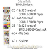 Chills and Thrills Bundle, includes image, showing complete coordinated paper craft set with 12x12 papers, 6x6 papers, cardstock, die cuts, and stickers for layouts, cards, albums, journals, and keepsakes. Buyer theme: Complete Halloween Scrapbook & Paper Craft Bundle. Complete Halloween scrapbook bundle combining 12x12 paper and stickers, 6x6 paper, printed cardstock, die cuts and coordinating stickers. Color palette includes haunted aqua, monster lime green, candy corn yellow