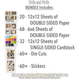 Chills and Thrills Premium + 6x6 monthly box contents image showing coordinated 12x12 paper, 6x6 paper, cardstock, die cuts and stickers.