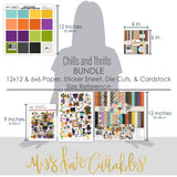 Chills and Thrills Premium + 6x6 monthly box size guide showing the coordinated scrapbook products for scale.