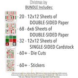 Christmas Joy Bundle, includes image, showing complete coordinated paper craft set with 12x12 papers, 6x6 papers, cardstock, die cuts, and stickers for layouts, cards, albums, journals, and keepsakes. Buyer theme: Complete Traditional Christmas Scrapbook Craft Bundle. Christmas Joy complete scrapbook bundle with 12x12 paper, 6x6 designs, cardstock, die cuts and stickers in a traditional red, green, cream and charcoal Christmas palette