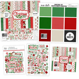 Christmas Joy Bundle, main product image, showing complete coordinated paper craft set with 12x12 papers, 6x6 papers, cardstock, die cuts, and stickers for layouts, cards, albums, journals, and keepsakes. Buyer theme: Complete Traditional Christmas Scrapbook Craft Bundle. Christmas Joy complete scrapbook bundle with 12x12 paper, 6x6 designs, cardstock, die cuts and stickers in a traditional red, green, cream and charcoal Christmas palette