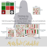 Christmas Joy Bundle, size guide image, showing complete coordinated paper craft set with 12x12 papers, 6x6 papers, cardstock, die cuts, and stickers for layouts, cards, albums, journals, and keepsakes. Buyer theme: Complete Traditional Christmas Scrapbook Craft Bundle. Christmas Joy complete scrapbook bundle with 12x12 paper, 6x6 designs, cardstock, die cuts and stickers in a traditional red, green, cream and charcoal Christmas palette