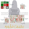 Christmas Joy Bundle, size guide image, showing complete coordinated paper craft set with 12x12 papers, 6x6 papers, cardstock, die cuts, and stickers for layouts, cards, albums, journals, and keepsakes. Buyer theme: Complete Traditional Christmas Scrapbook Craft Bundle. Christmas Joy complete scrapbook bundle with 12x12 paper, 6x6 designs, cardstock, die cuts and stickers in a traditional red, green, cream and charcoal Christmas palette