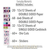 Everyday Moments Bundle, includes image, showing complete coordinated paper craft set with 12x12 papers, 6x6 papers, cardstock, die cuts, and stickers for layouts, cards, albums, journals, and keepsakes. Buyer theme: Complete Family Memory Scrapbook Bundle. Everyday Moments complete scrapbook bundle with 12x12 paper, 6x6 designs, cardstock, die cuts and stickers in a coordinated floral palette. Coordinating patterns include Diagonal pinstripes, Plaids and tartans, Geometric quilt patterns