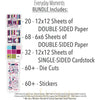 Everyday Moments Bundle, includes image, showing complete coordinated paper craft set with 12x12 papers, 6x6 papers, cardstock, die cuts, and stickers for layouts, cards, albums, journals, and keepsakes. Buyer theme: Complete Family Memory Scrapbook Bundle. Everyday Moments complete scrapbook bundle with 12x12 paper, 6x6 designs, cardstock, die cuts and stickers in a coordinated floral palette. Coordinating patterns include Diagonal pinstripes, Plaids and tartans, Geometric quilt patterns