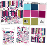 Everyday Moments Bundle, main product image, showing complete coordinated paper craft set with 12x12 papers, 6x6 papers, cardstock, die cuts, and stickers for layouts, cards, albums, journals, and keepsakes. Buyer theme: Complete Family Memory Scrapbook Bundle. Everyday Moments complete scrapbook bundle with 12x12 paper, 6x6 designs, cardstock, die cuts and stickers in a coordinated floral palette. Coordinating patterns include Navy and berry floral prints, Polka dots, Diagonal pinstripes